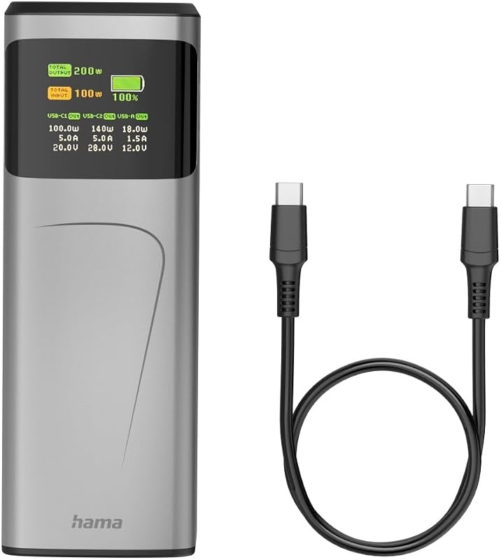 Power Pack "High Power" (batteria esterna con ricarica rapida da 200 Watt, Power Delivery e Quickcharge, 24000 mAh, 2 USB C, 1 indicatore di batteria, formato di viaggio compatto, certificato