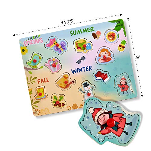 Wooden Peg Puzzle, 4 Seasons - Learning Educational Pegged Puzzle for Toddler & Kids (12 pcs) Gleeporte