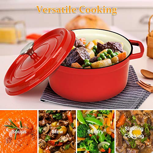 Dutch Oven Red,Enameled Cast Iron Dutch Oven with Lid, 5 Quart Round Nonstick Enamel Cookware Crock Pot,Dutch Oven with Dual Handle and Cover Casserole Dish 9.45 Inch