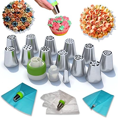 HyggeGoods Russian Piping Tips Set | Best 39 pcs Cake &amp; Cupcake Decorating Supplies Complete Kit | 12 russian piping tips, Leaf tip, 2 Couplers, 22 pcs Pastry Bags Set + Gift Box &amp; eBook