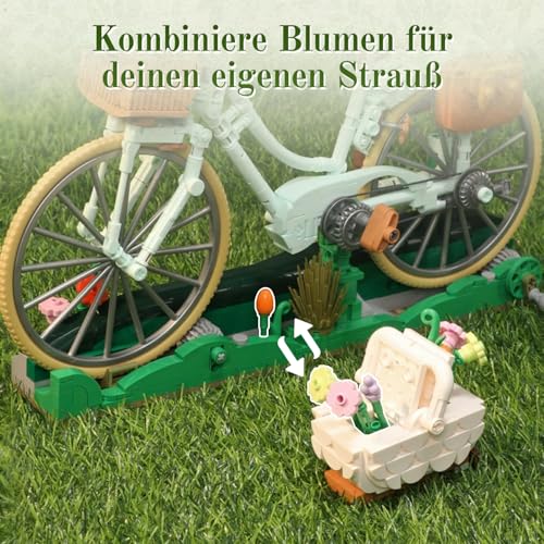 PANTASY Flower Bicycle Clamping Blocks Set, Vintage Decoration Model | Flower Bicycle Construction Set for Adults, Vintage Decoration Model with Flower Baskets, Picnic Scene, Puppy, Gift