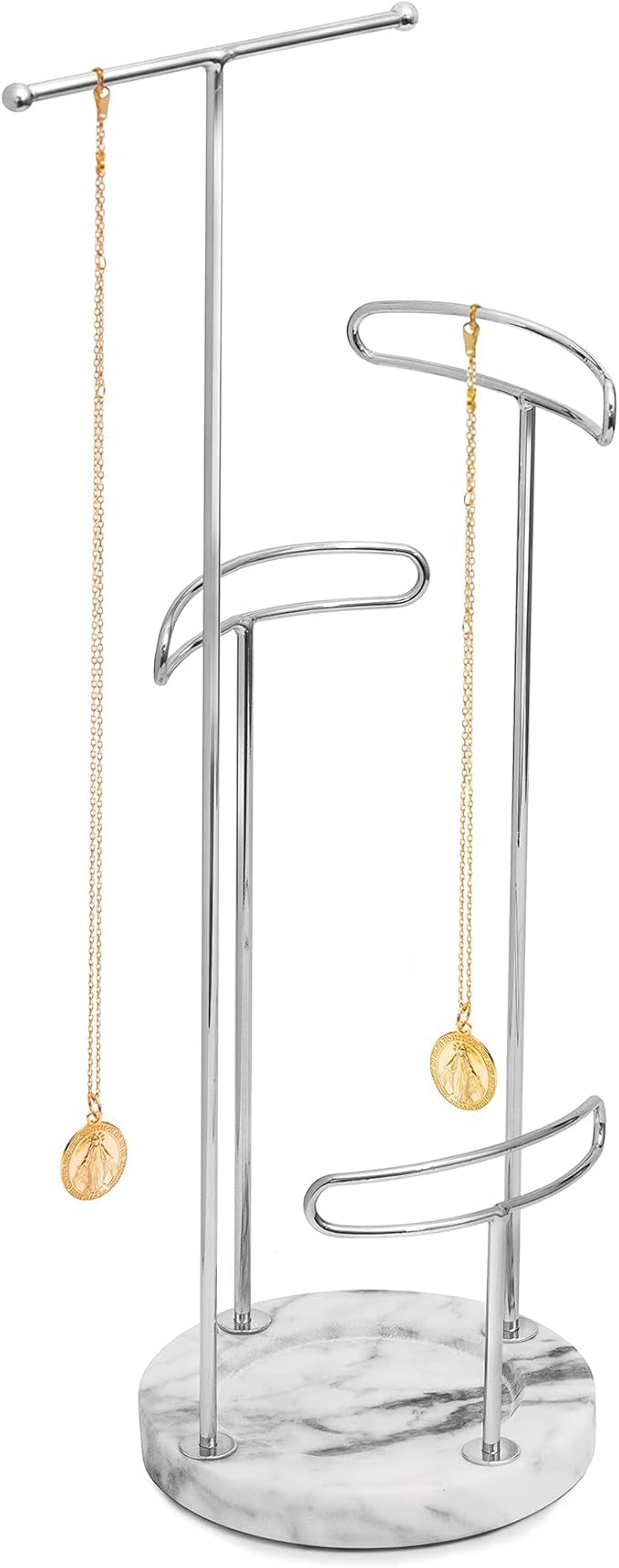 Sasha Morel 4 Tier Jewellery Stand | Hanging Tree Jewellery Organiser | Necklace Stand with Marble tray | Ring Holder Organiser Storage for Bracelet, Earring, Watch - (Silver)