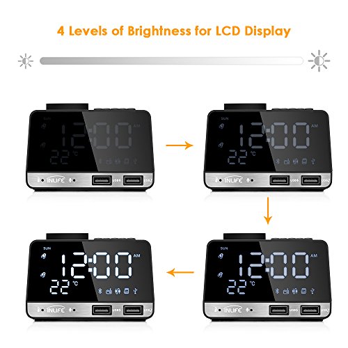 Digital Alarm Clock Radio Thermometer Clock LED Alarm Clock Bluetooth Speaker, Alarm Clock with USB Charging, Snooze, Portable Clock, AUX TF Card Play