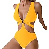 Favnac Women's Deep V Neck One Piece Swimsuit O-Ring Swimwear Sexy Cut Out Bathing Suit