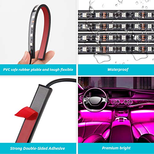 TATUFY Car LED Strip Lights, 4pcs 48 LED DC 12V Interior Car Lights Bluetooth App Control Lighting Kits Multi Color Music Car Strip Lights with Sound Active Function for Smart Phone