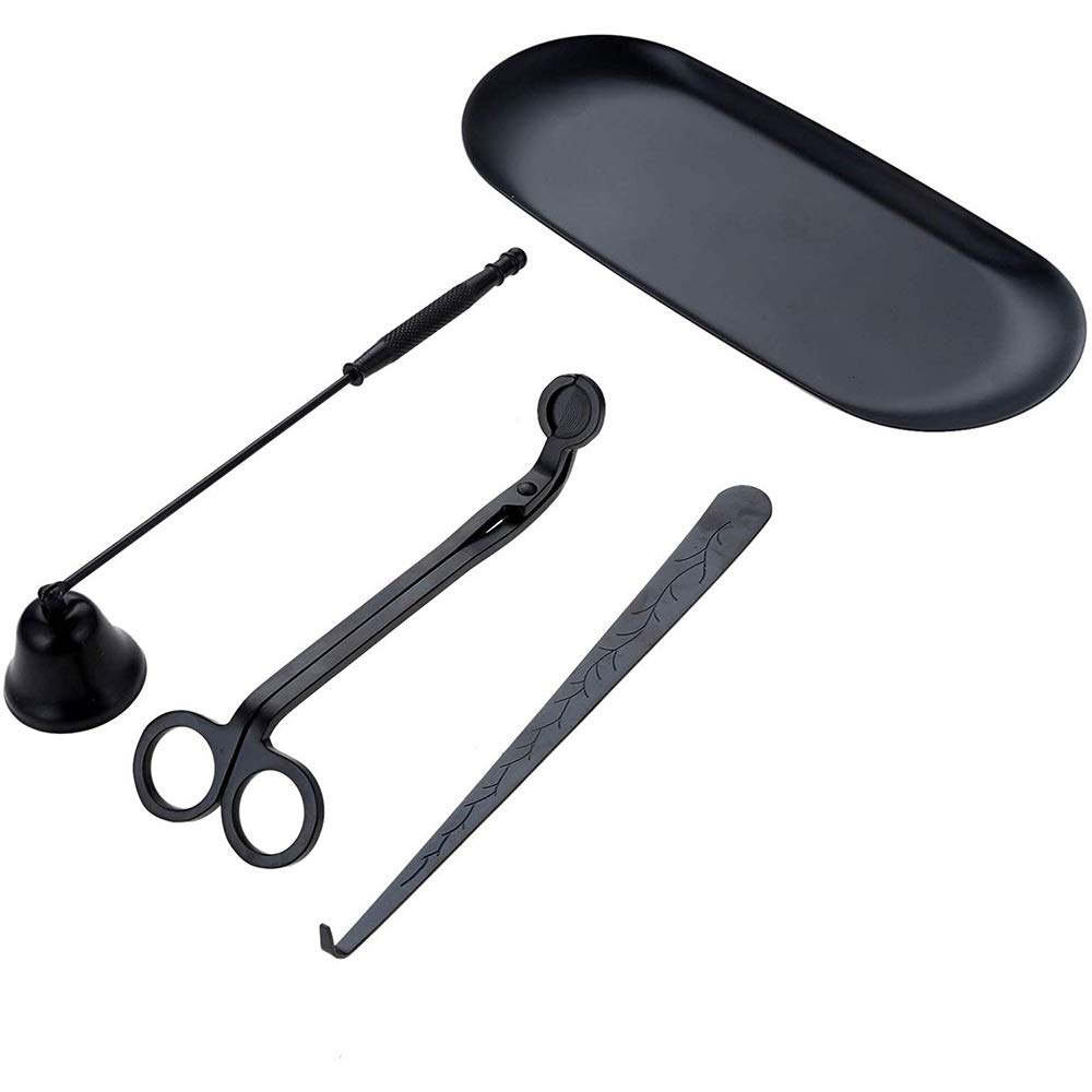 Candle Accessory Set - 4Pcs Care Tools Include Wick Trimmer, Dipper, Snuffer and Storage Tray Plate for Candle Lovers (Black)