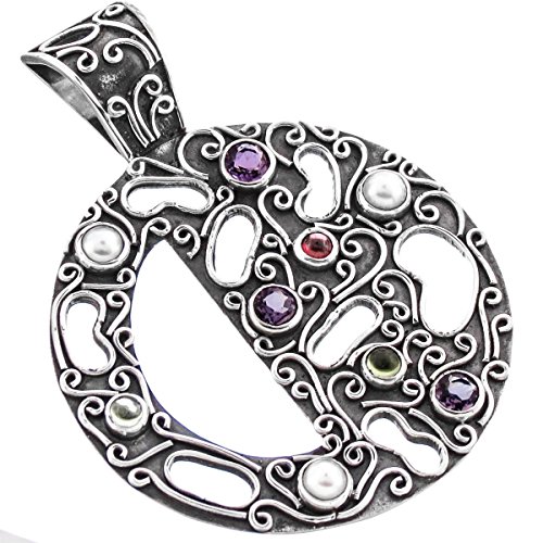 Wire Filigree Mixed Stones 925 Sterling Silver Pendant, 2 3/16"