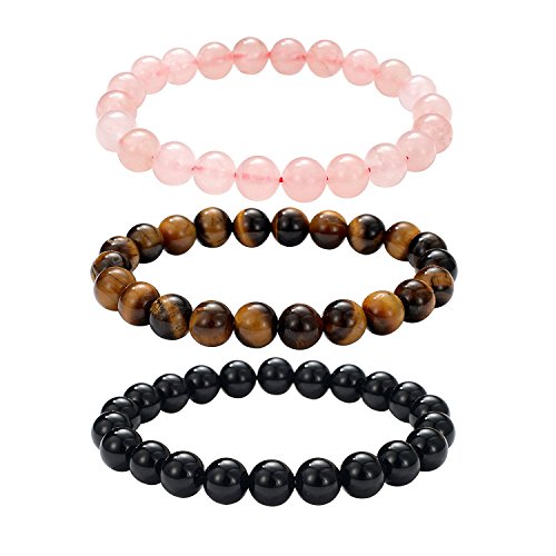 Bingcute 8MM 3Pcs Feng Shui Tiger Eye Beads Buddhist Prayer Mala Bracelet Elastic Stretch Bracelet Variation Colors and Material 7