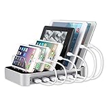 MixMart 6-Port USB Charging Station Docks for Multiple Devices like iPhone/iPad/Universal Smart Phones and Tablets (Silver)