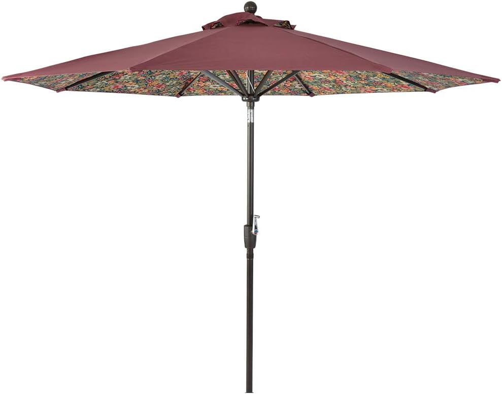 LCH 9ft Patio Umbrella Outdoor Table Umbrella with Push Button Tilt/Crank, 8 Sturdy Ribs,Wine Red and Floral