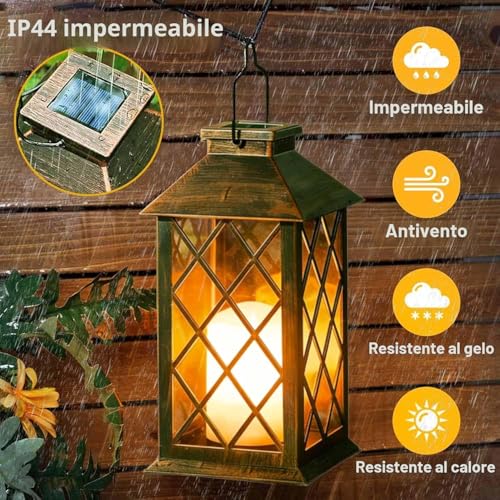 Joycome Outdoor Lanterns 2 Pieces Solar Garden Lantern with Flickering Candles, Solar Lamp Hanging Waterproof Table Lamps for Terrace Balcony Decorations – Copper