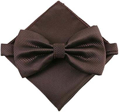 Startby Men's Solid Formal Banded Bow Tie and Pocket Square Set Dark Coffee