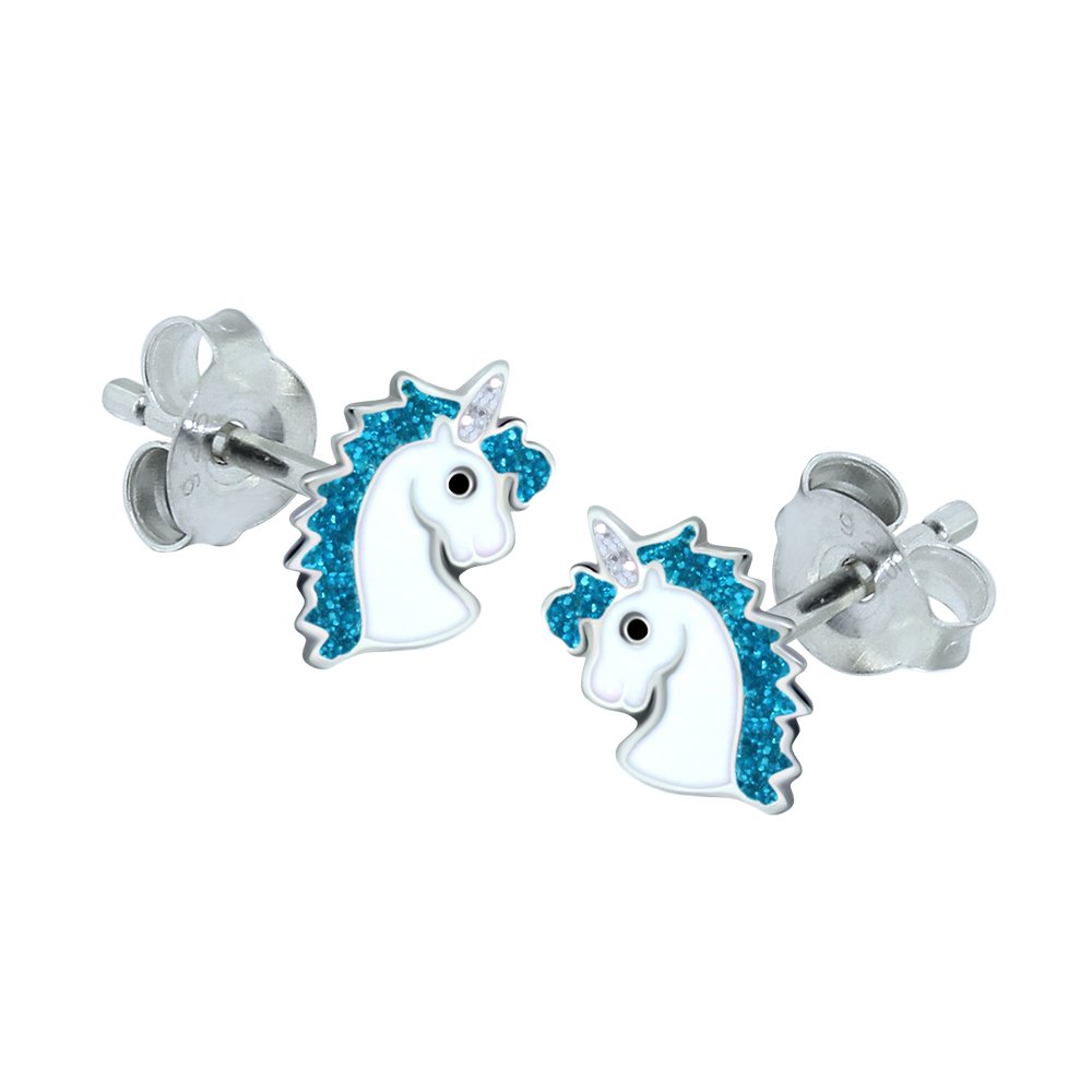Unicorn Horse Earrings with Sparkly Blue Glitter - 925 Sterling Silver
