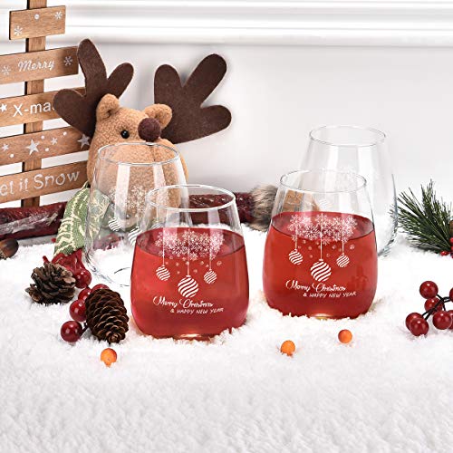 Merry Christmas Stemless Wine Glass Gift for Women Friends, 15 Oz Funny Stemless Wine Glasses Set, Perfect Christmas Gift Idea for Mom Wife Girlfriend Sister Wedding Birthday Party, Set of 4