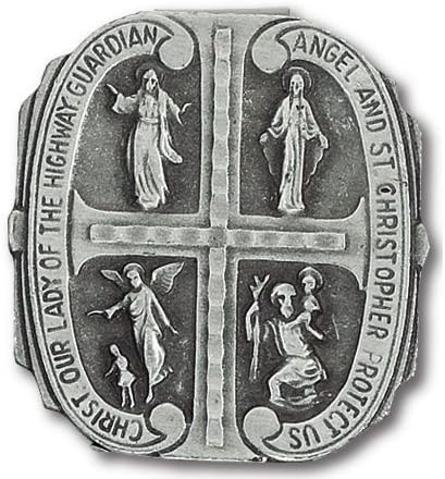 Four Way Cross Visor Clip - St. Christopher, Guardian Angel, Mary, Sacred heart.