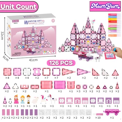 MUMYUM | 126 pcs Set | 10 Coloring pen | 16 DIY Tiles | 6 Cartoon Characters | 1 Car | Magnetic tiles for kids With DIY coloring Tiles and Pens – Pink Queen Castle Magnatiles Building Blocks With Car
