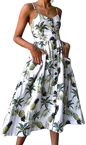 Gyozelem Womens Dresses Summer Floral Swing Midi Dress Spaghetti Strap Button Down Dress with Pockets (US 12, Floral)