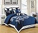 BEDnLINENS 8 Piece Dulce Mega Floral Embroidery Bed in a Bag Comforter Navy Blue, White Queen Size