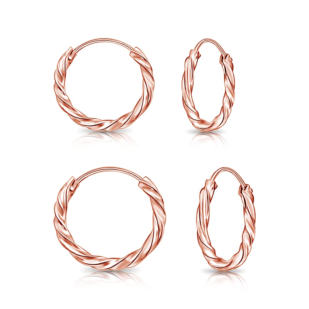 DTPsilver - Set of 2 PAIRS of TINY 925 Sterling Silver Rose Gold Plated Twisted Hoops/Sleepers Earrings - Thickness 1.8 mm - Diameter 10 and 12 mm
