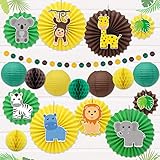 Safari Jungle animal Party Decoration Wild Themed Hanging Paper Fans Rosettes Lanterns Tissue Honeycomb Ball Circle Dot Garland for Zoo Animals Baby Shower Wild One Cake Smash Jungle Birthday Party Supplies Backdrop Decor