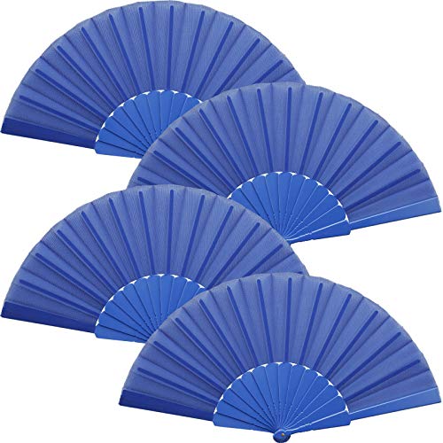 4 Pieces Handheld Folding Fan Chinese Fan Oriental Cloth Fabric Fan for Dancing, Party, Wedding Gifts, DIY Decoration, Home Decorations (Dark Blue)