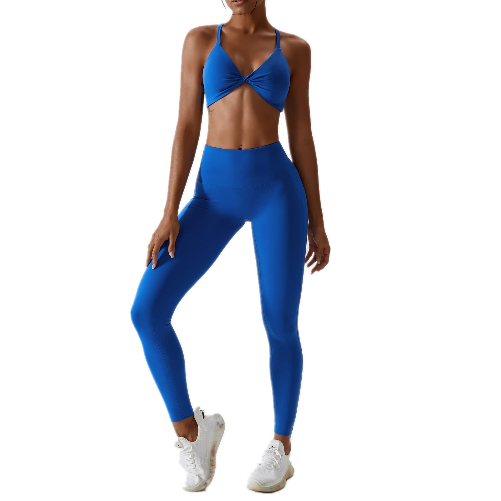 Photo 1 of ABOCIW Workout Sets for Women V-Neck Twist Front Strappy Criss-Cross Back Sport Bra Tummy Conrol High Waist Leggings 2 Piece Exercise Gym Yoga Outfit Blue Small