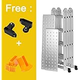 Finether 15.4ft Heavy Duty Multi Purpose Aluminum Folding Extension Ladder with Safety Locking Hinges and 2 Panels 330lb Capacity (New Non-slip Mat and Wheels for Free)