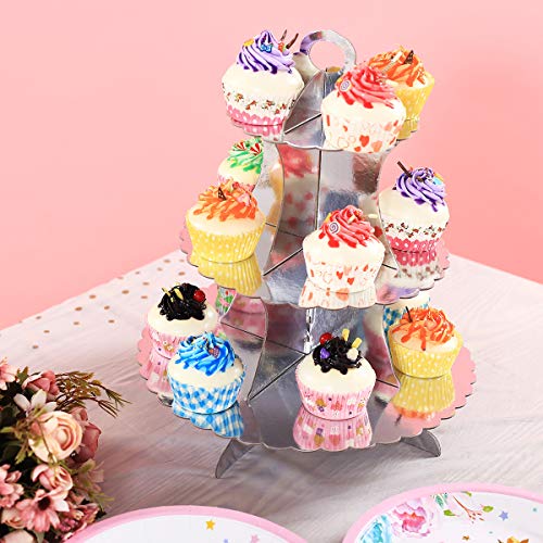 UltraOutlet Set of Three 3 Tiers Silver Cardboard Cupcake Stands, Disposable Paper Cupcake Holder Towers for Weddings, Birthday Parties, Baby Showers and Graduations