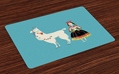 Ambesonne Llama Place Mats Set of 4, Peruvian Woman Knitting with a White Alpaca Wrapped with Flower Colorful Illustration, Washable Fabric Placemats for Dining Table, Standard Size, Sea Blue