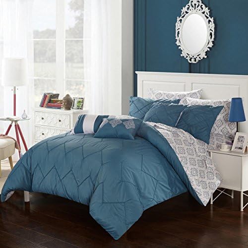 10 Piece Blue White Pinch Pleated Chevron Stripes Pattern Comforter King Set, Elegance Luxury Hand-Stitching Embroidery Design, Modern Geometric Print Reversible Bedding, Country Style, Vivid Colors