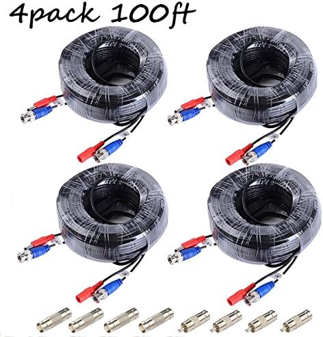 JZTEK 4 Pack 100ft BNC Video Power Cable Security Camera Extension Wire Cord Extension Cable with 8pcs BNC to RCA Connectors for CCTV DVR Surveillance System(4 Pack-Black)