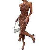 LIGHT DOT Women's Summer Halter Dress 2025 Midi Printed Bodycon Cocktail Ruched Side Slit Mesh Layered