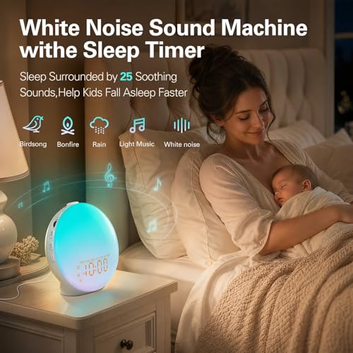 Wake Up Light Sunrise Alarm Clock for Bedroom, 17 Nightlights, Sound Machine with 5W Bluetooth Speaker, 25 Soothing Sounds, SleepTimer, Dual Alarms, FM Radio, Ideal Gift for Baby, Kids, Adults, Senior
