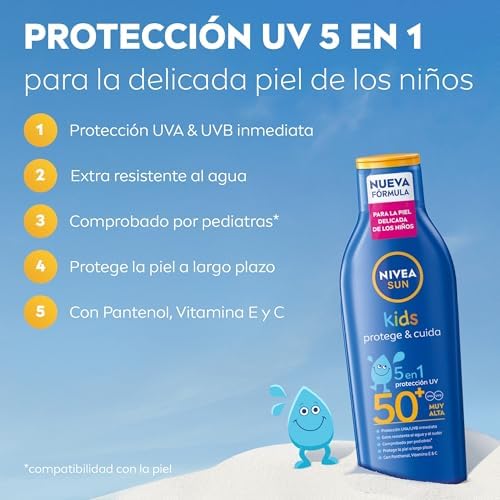 Kids Protege & Cuida 5 en 1 - Loción Solar con SPF50+ - Protector Solar Infantil Extra Resistente al Agua - Con Pantenol, Vitamina C y E - Aprobado por Pediatras - Todo Tipo de Piel - 200 ml