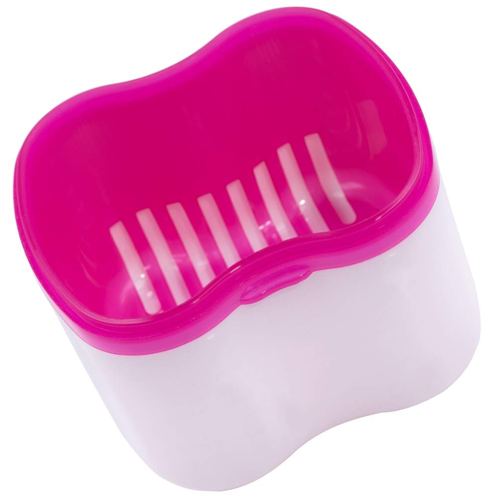 Denture Brush Retainer Case, Denture Case, Denture Cups Bath, Dentures Container with Basket Denture Holder for Travel, Mouth Guard Night Gum Retainer Container (pink) : Beauty
