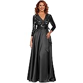 Sequin Satin A-Line Mother of The Groom Dresses 2026 for Women Long Evening Gowns with 3/4 Sleeves Classical V-Neck