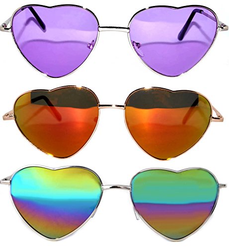 3 Pack Heart Shaped Gold Metal Frame Aviator Mirrored Lens Sunglasses Blue Red Blue-Green
