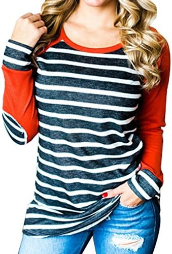 ANDYICEE Women's Casual Long Raglan Sleeve Baseball Tee Striped Tunic T Shirt Tops Blouse(Orange, Small)