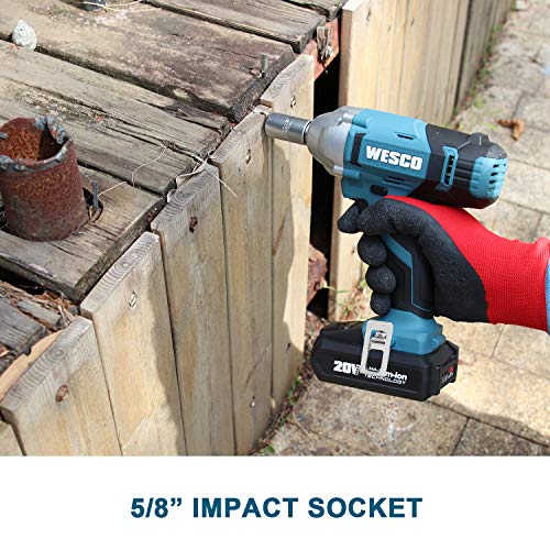 WESCO 20V Cordless Impact Wrench, 1/2-inch, 1602In-lbs Max Torque, 2.0Ah Li-ion Battery with Charger, 3000 Max IPM, 2400 Max RPM, Impact Sockets, Belt Clip for Easy Carrying/WS2905U