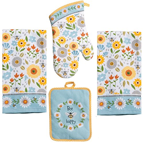 Kay Dee 4 Piece Kitchen Set - 2 Terry Towels, Oven Mitt, Potholder (Garden Bee)