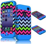 BasTexWireless Bastex High Impact Hybrid Rocker Case for Apple iPhone 4, 4s - Sky Blue Silicone with Pink, Blue, White, & Green Neon Colored Chevron Design Hard Shell