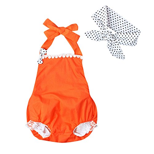 LUNIWEI Baby Girls Bodysuit Lace Bow Romper Jumpsuit + Headband Outfit