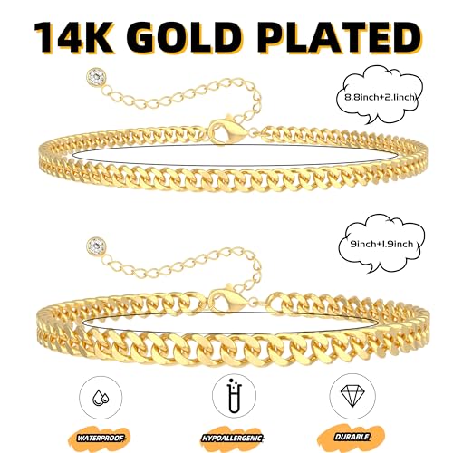 Gold Ankle Bracelets for Women Waterproof - Dainty Gold Anklets Trendy Layered 14K Gold/Silver Plated Stackable Chunky Cuban Link Chian Anklet Bracelet Set for Women Non Tarnish Beach Jewelry Gift
