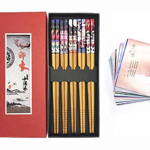 Chopsticks, Reusable 5 Pairs Natural Bamboo Lightweight, Gift Set with Case Postcard Bonus (Fortune Cat)