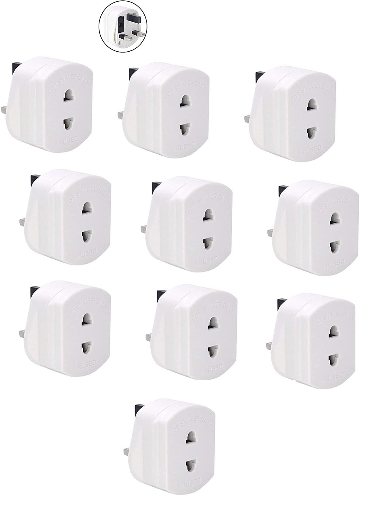 White UK 2 Pin To 3 Pin Fuse Adaptor Plug For Shaver/Toothbrush pack of 10