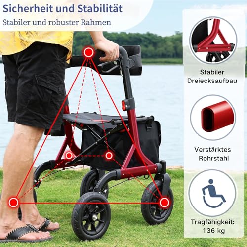 MAXWALK Rollator Foldable and Lightweight with Seat, 25 cm Rubber Non-Pneumatic Tyres for All Terrain, Integrated Pull Brake, Drink Holder, Height-Adjustable Aluminium Rollators