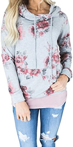 HONEY BOUTIQUE Womens Floral Printed Striped Long Sleeve Hoodie Pullover Sweatshirts Grey