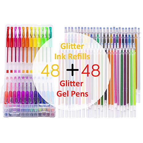 Gel Pens Glitter, 96 Gel Coloring Pen Set Including 48 Unique Sparkly Colors & 48 Refills for Adult Coloring Books Crafting Doodling Drawing Art Supplier - Thumbnail 2