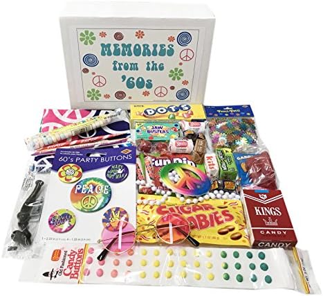 Woodstock Candy 1960s Time Capsule Gift Box Assortment with Retro Nostalgia Candy Memories for a Man or Woman - Peace Sign Necklace - Rose Colored Glasses - Bandana