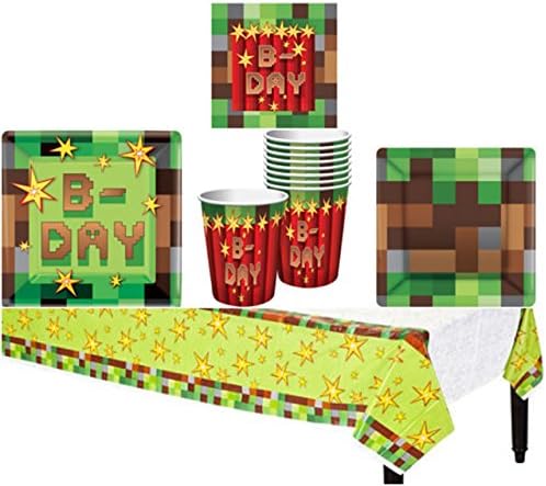Pixel Pixelated TNT Mining Birthday Party Supplies Pack Kit Bundle for 8 Guests - Lunch Plates, Dessert Plates, Lunch Napkins, Cups, and a Table Cover